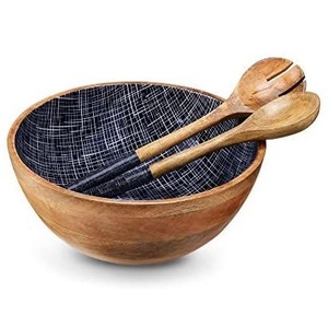 Bol en bois fait main avec motif floral bleu pour servir les aliments, style Japandi, vaisselle décorative de cuisine - Product Image 5
