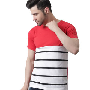 T-shirt décontracté pour homme en coton 100% à rayures rouges et blanches, col rond, manches courtes, coupe classique, logo sur le devant - Product Image 3