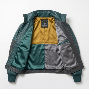 Chaqueta de Cuero Genuino para Hombre en Color Verde Azulado Oscuro, con Cuello Alto, Bordado Gráfico de Ojos y Parches, Estilo Motero - Product Image 5