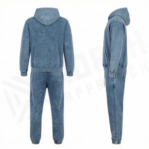 Elegant Sports <b>Distressed</b> Embroidery Tracksuit For Men Acid Wash Screen Printed Sweatsuit Hoodie Pant Set Winter Logo - Product Image 2