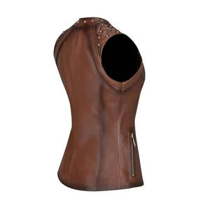 Women's <b>Leather</b> Motorcycle Vest Vintage Style <b>Sleeveless</b> Outerwear Waterproof Windproof Casual Fashion With Pockets - Product Image 5