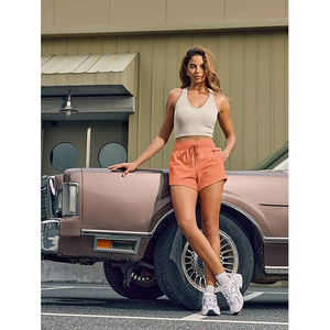 PUFFIN SPORTS Custom Women's High Waist Solid Color Cotton Spandex Knitted Shorts With Drawstring And Pockets Casual Wear - Product Image 1