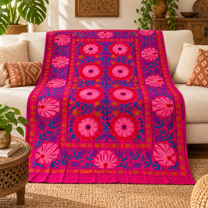 Exclusive Handmade Suzani Cotton Bedsheet Crimson Pink <b>Blue</b> Floral Embroidery Bohemian Indian Ethnic Home Decor <b>Bedspread</b> - Product Image 5