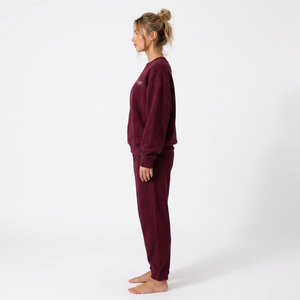 2026 New Design Women 2 Piece Maroon Cotton Crew Neck Sweatshirt Jogger Pants Casual Loose Solid Color Autumn Wear <b>Sweat</b> <b>Suit</b> - Product Image 2