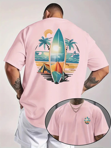 Men's Pink T-Shirt Short Sleeve O-Neck Digital <b>Print</b> Beach <b>Surf</b> Design Regular Fit 100% Cotton Jersey Breathable Casual 220g - Product Image 5
