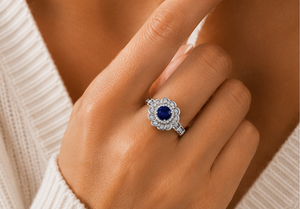 925 Sterling <b>Silver</b> Rhodium Plated Blue Sapphire CZ Floral Halo <b>Ring</b> Luxury Vintage <b>Statement</b> <b>Ring</b> for Women Cubic Zirconia Fine - Product Image 6