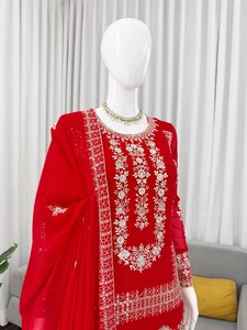 ชุดสัลวาร์ คามีซปักลายสีแดงสำหรับผู้หญิง ชุดพื้นเมืองปากีสถาน ชุดงานแต่งงานแบบดั้งเดิม - Product Image 2