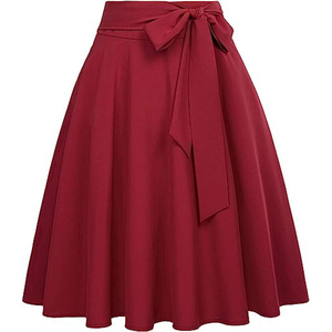 Jupe trapèze taille haute pour femme, longueur genou, en satin noir uni avec nœud décoratif, élégante, toutes saisons - Product Image 1