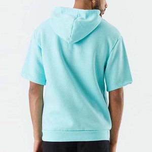 <b>Men's</b> Light Blue Oversized Hooded <b>Short</b> <b>Sleeve</b> Sweatshirt Cotton Fleece Casual Summer Wear - Product Image 3