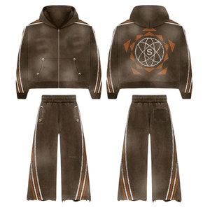 Conjunto de Sudadera con Capucha y Pantalones Acampanados de Felpa de Algodón de Dos Piezas para Hombre, con Estampado de Pedrería Personalizado y Estilo Jogger - Product Image 6