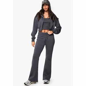 Ensemble de survêtement 2 pièces gris foncé pour femme, haut court et pantalon long, fermeture éclair, coupe ample, vêtements de sport décontractés, toutes saisons - Product Image 3