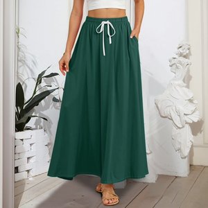 Women Green Solid Color High <b>Elastic</b> <b>Waist</b> A-Line Floor-Length <b>Skirt</b> <b>with</b> Drawstring Casual Wear All Seasons 100% Polyester - Product Image 1