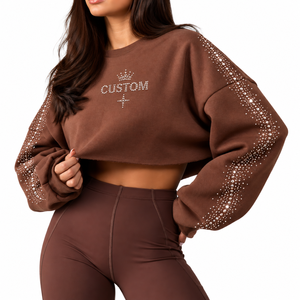 Sweat-shirts à capuche courts pour femmes, entièrement ornés de strass, en molleton de haute qualité, col rond, épaules tombantes, vente en gros, personnalisables - Product Image 1