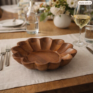 Plateau de service unique en bois naturel sculpté en forme de fleur, pour soupe, dîner, aliments, légumes, fruits, salades, bol peu profond de 500 ml - Product Image 1