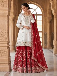 Women Traditional Indian Pakistani Wedding Pure Chino Silk <b>Lehenga</b> Choli Set Red <b>White</b> Embroidered Floor-Length Regular Fit - Product Image 3