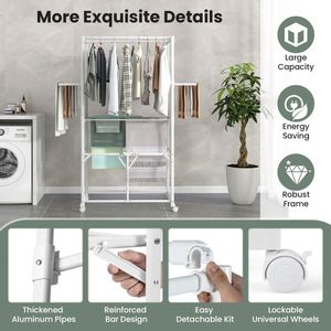 68.5 Inches Foldable Aluminum <b>Drying</b> <b>Rack</b> with Hanging Rods and Shelves Laundry Organizer and Space Saver - Product Image 5