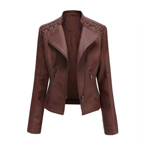 Blouson bomber coupe-vent en cuir PU noir pour femme, manches longues, col en V, fermeture éclair, couleur unie, longueur normale, col montant - Product Image 3