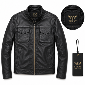 Veste en cuir noire Maurice pour homme, style décontracté, col montant, fermeture éclair, coupe-vent, respirante, écologique, séchage rapide, OEM - Product Image 1