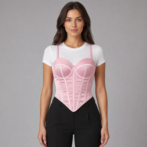 Overbust Steelboned Fashion And Party Wear Pink Satin Corset Top Shoulder Straps - Product Image 1