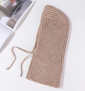 Black Ribbed Knit Balaclava Drawstring Hooded Scarf Beanie Windproof Winter Headwear for Outdoor Travel - Product Image 4