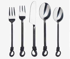 Minimalist <b>Black</b> Mirror Polished Metal Flatware <b>Set</b> With Tie Design Handle Dishwasher Safe <b>Cutlery</b> For Catering Use - Product Image 1