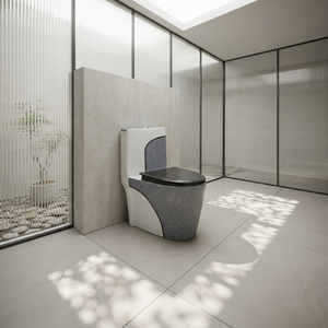 Inodoro de Diseño de Una Pieza, Alargado, con Acabado Gris Moteado y Asiento Negro, Montaje en el Suelo, Descarga Sifónica - Product Image 5