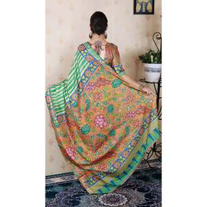 ชุดราตรีผ้าไหมทัสซาร์สีเขียวทะเลแบบนุ่มพิเศษ ลายทาง สำหรับงานปาร์ตี้ พร้อมลายปักดิ้นทอง - Product Image 4