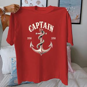 Camiseta de capitán ancla y cuerda para mujer, ajuste cómodo, estilo informal, 100%, patrón estampado de algodón puro - Product Image 1