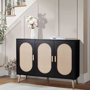 Meuble à chaussures vertical moderne 3 portes en panneaux de particules et rotin plastique, cadre noir, surface en rotin bois naturel, pieds hauts dorés - Product Image 1
