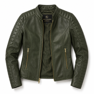 Blouson de motard Flashback en cuir véritable coupe-vent avec fermeture éclair, col ouvert et couleur unie - Product Image 1