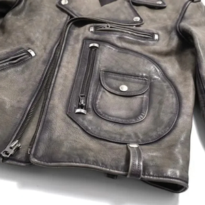 Custom Men's <b>Vintage</b> Washed Cowhide <b>Biker</b> <b>Jacket</b> Asymmetric Pockets Turn-Down Collar Oversized Retro Motorcycle Leather Coat - Product Image 5