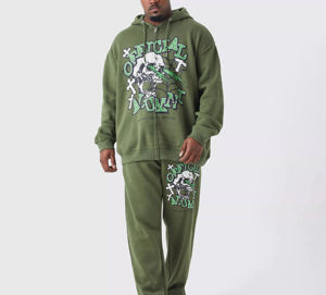 ชุดวอร์มผ้าฝ้าย 100% ชุดจ็อกกิ้งผู้ชาย เสื้อฮู้ดและกางเกงขายาวทรงบาน ชุดแทรคสูทปักลายขาดๆ ผ้าปะติดปักลาย - Product Image 1