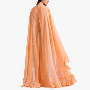 Elegant Salmon Peach Georgette Cape Gown | Designer Pleated <b>Maxi</b> Dress with Waistband | Moroccan <b>Kaftan</b> Evening Wear Dress - Product Image 4