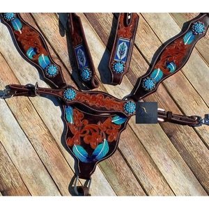 Ensemble de têtière et de collier de poitrine pour cheval en cuir marron, à une oreille, avec conchos perlés et fleurs turquoise gravées, équipement de style western - Product Image 2