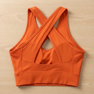Women's Orange Cross Back Sports Bra <b>Shorts</b> Set <b>Seamless</b> Yoga <b>Gym</b> Workout Clothing Custom Private Label OEM - Product Image 2