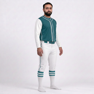 Ensemble de vêtements de baseball pour hommes, pantalon et maillot en jersey uni, manches courtes, col en V, respirant, coupe personnalisée, toutes saisons, couleur blanc et turquoise, 100% coton - Product Image 3