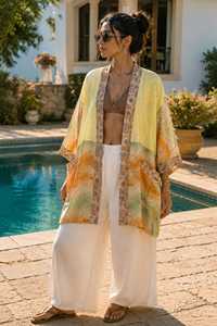 Robe de nuit en soie crêpe de luxe pour femme, faite à la main, cadeau pour elle, col en V, fermeture à cordon, longueur totale, patchwork - Product Image 2