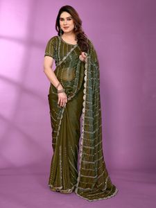 Sari Moderno de Chifón y Satén para Mujer, con Hermosos Bordados de Lentejuelas y Cuentas, Ideal para Bodas, Diwali, Fiestas y Graduaciones - Product Image 1