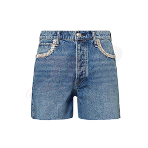 Shorts en jean délavé taille haute pour femme, coupe droite décontractée, avec poches, en coton bleu uni, idéal pour l'été - Product Image 5