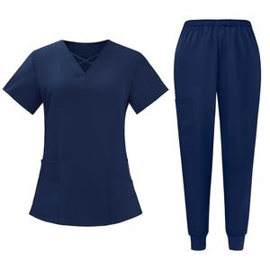 Ensemble de blouses médicales pour femmes, haut à col en V à manches courtes et pantalon de jogging, noir, en polyester tricoté, uniformes d'hôpital pour infirmières, cliniques, spas, vêtements de travail - Product Image 4