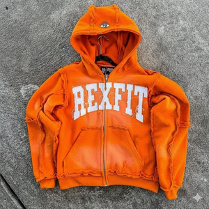 Hoodies à prix abordables, effet délavé soleil, broderie vieillie, haute qualité, en molleton bouclette épais, coupe oversize, avec fermeture éclair vieillie - Product Image 1