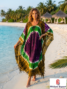 Vestido Kaftán Tie Dye para Mujer, Cuello Redondo, Holgado, Largo hasta el Suelo, Manga Corta, Estilo Bohemio, para Playa, Verano, con Borlas, Chifón, 100% Poliéster, OEM, ODM - Product Image 6