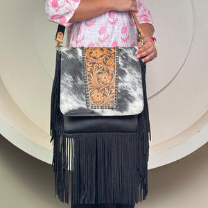 Bolso bandolera con flecos de piel de vaca hecho a mano para mujer con solapa de cuero mecanizada a mano correa ajustable bolsos de hombro interiores espaciosos - Product Image 4