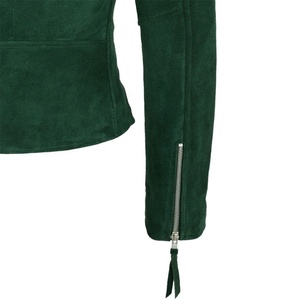 Women's Green <b>Suede</b> Moto <b>Jacket</b> Full Sleeve Turn-down Collar Zip Closure Short Length Autumn Style - Product Image 4
