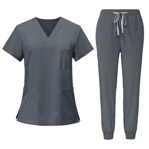 <b>Women</b> <b>Burgundy</b> Scrub Set V Neck Short Sleeve <b>Top</b> With Pockets Matching Drawstring Pants Hospital Uniforms - Product Image 3