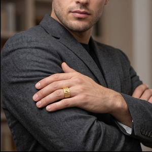 DIVYORO Anillo de sello clásico para hombre chapado en oro de 22 quilates con estrella de ocho puntas - Product Image 3
