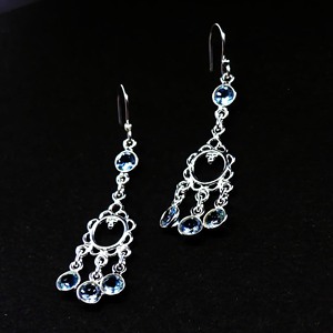 Vintage Flower Shape Moissanite Chandelier <b>Earrings</b> 925 <b>Silver</b> Women's Party Jewelry Blue Round Brilliant Cut Claw Setting - Product Image 3