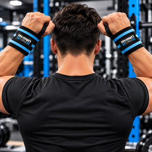 Bandes de poignet en coton noir et bleu Rhino Fitness avec boucle pour le pouce, pour la main gauche, pour la musculation, la salle de sport, le sport en plein air - Product Image 4