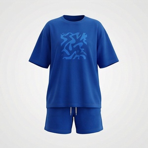 Conjunto de 2 Piezas de Punto Azul Unisex, Camiseta de Manga Corta con Cuello Redondo y Pantalones Cortos por Encima de la Rodilla, Estampado Geométrico, Casual, Primavera Verano - Product Image 1