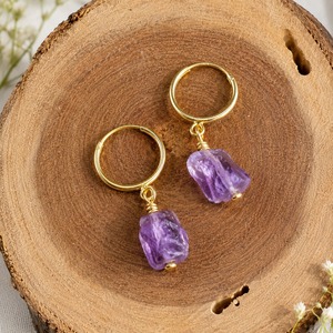 Gold Plated Raw Amethyst <b>Hoop</b> <b>Earring</b> - Natural Birthstone Drop <b>Earring</b> <b>For</b> <b>Women</b>, Crystal Healing Jewelry Gift <b>For</b> Her - Product Image 2